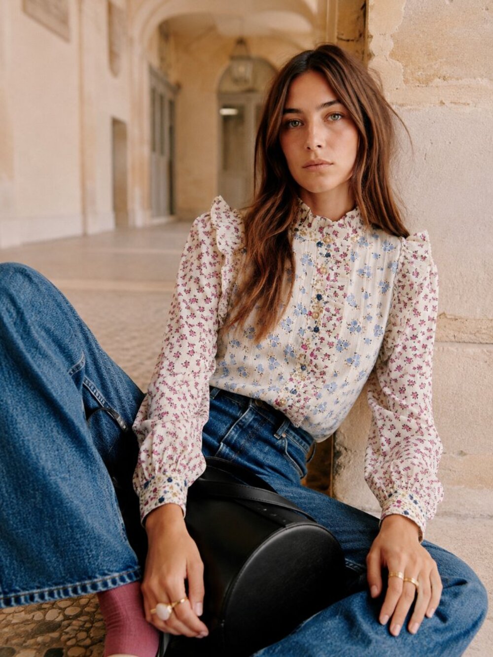 Sezane Tiny Shirt Patchwork Mini Flowers Size 6 US 38 FR NWT Small Floral Ruffle